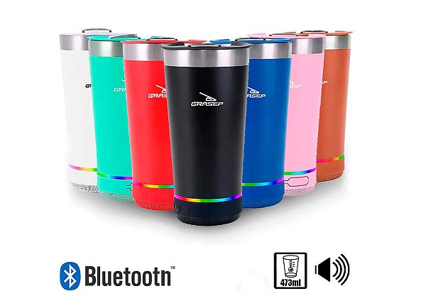 Copo Térmico com Caixa de Som Bluetooth Led RGB 473ml Grasep, Cores Sólidas