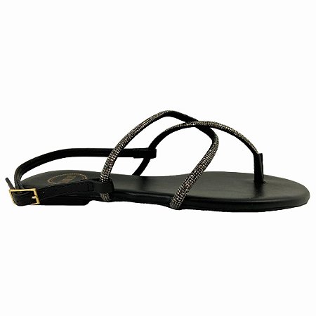 (8073-14934) Sandália Rasteira Tira Brilho Preto / Strass Black