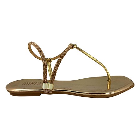 (270-81A) Sandália Rasteira Tiras Strass Ouro Light