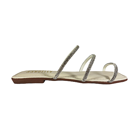 (Ff2306) Sandália Rasteira Tiras Strass Off White