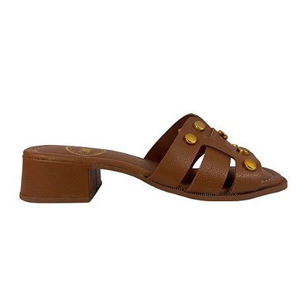 (R011860) Tamanco Tachas Salto Bloco Cappuccino