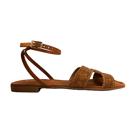 (Nara790-160) Rasteira Tira H Linho Caramelo