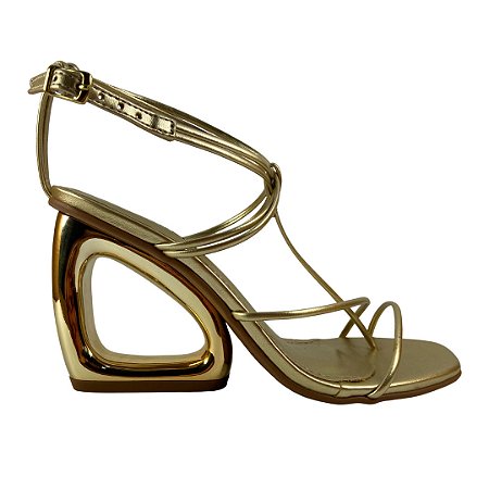 (1526-3296A) Sandália Tiras Finas Salto Geométrico  Ouro Light