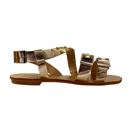 (8131-7100) Sandália Rasteira Detalhe Strass  Ouro Light