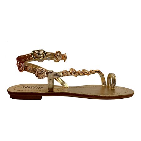 (8165-7100) Sandália Rasteira Aplicações Detalhes Metal Champagne