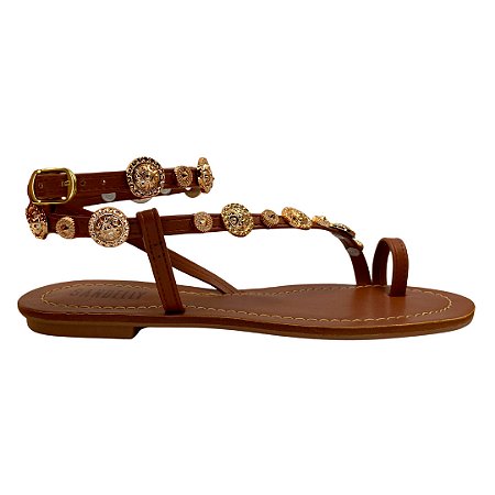 (8165-7100) Sandália Rasteira Aplicações Detalhes Caramelo