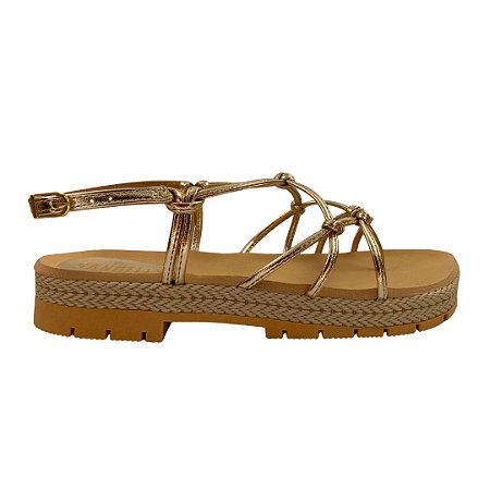 (114-2275) Sandália Flatform Tiras Detalhes Nós  Ouro Light