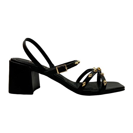 (6942A-19968) Sandália Salto Bloco Aplicação De Detalhes  Preto