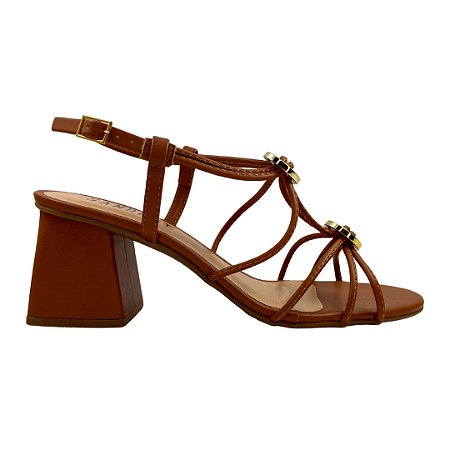 (8422-90914) Sandália Salto Bloco Tiras E Detalhes  Caramelo