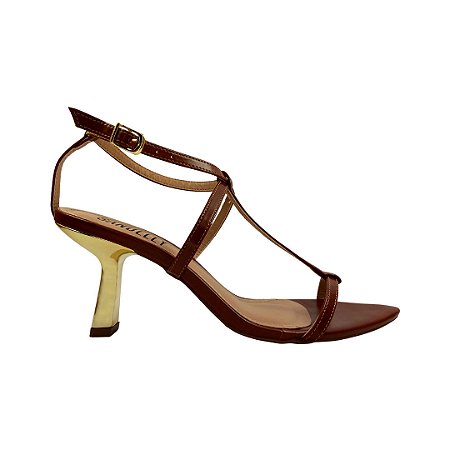 (9572-2986) Sandália Feminina Salto Fino Dourado   Whisky