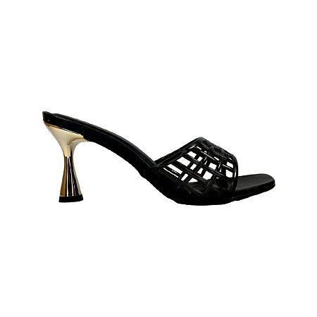 (5384-12185) Tamanco Salto Dourado Tiras Vazadas Preto