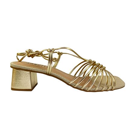 (4611786) Sandália Salto Bloco Tiras Finas Amarração  Champagne