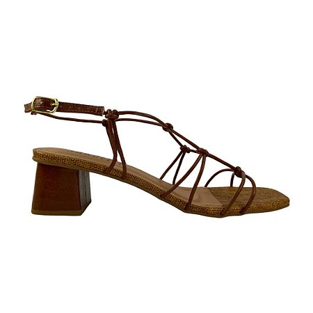 (4611965) Sandália Salto Bloco Tiras Finas Nós   Whisky