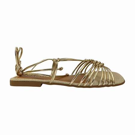 (7041786) Sandália Rasteira Tiras Amarração Detalhe Em Nós Champagne