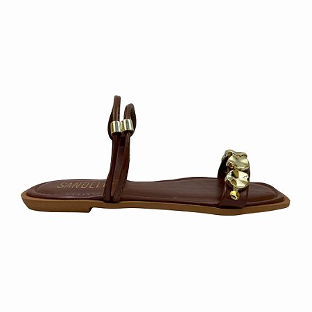 (Pe2472) Sandália Rasteira Confortável Com Detalhes Metalizados Trufa