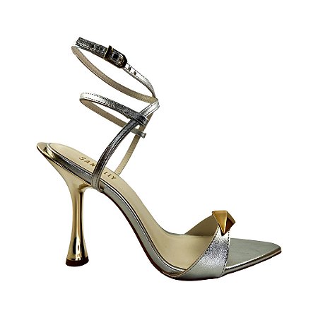 (5387-12226) Sandália Salto Fino Metalizado Tiras Detalhe Prata