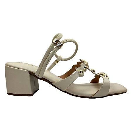 (4285Se) Sandália Salto Bloco Tira H Aplicações Douradas Off White