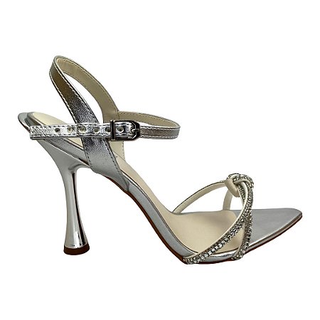 (5387-12228) Sandália Salto Metalizado Tira Brilhosa Torcida Prata