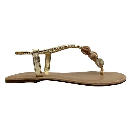 (95013) Sandália Rasteira Tira Central Detalhe Esferas  Champagne