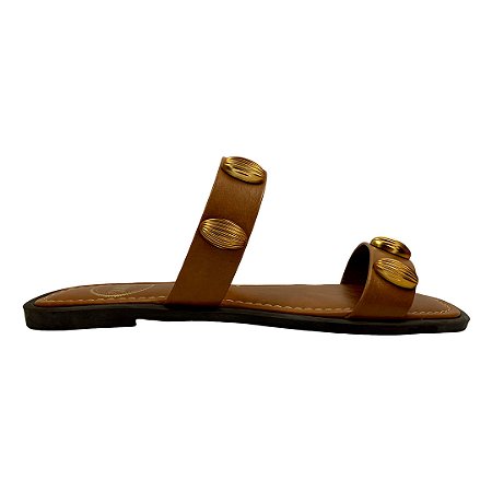 (951932) Rasteira Duas Tiras Detalhes Metálicos Ambar