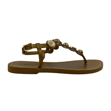 (Sr2004) Sandália Rasteira Com Tiras E Aplicações Metalizadas Bronze