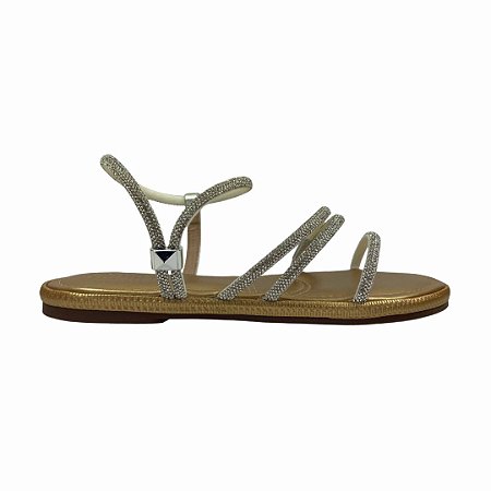 (83.015) Sandália Rasteira Com Tiras Em Strass E Calce Fácil Metalic Ouro Light