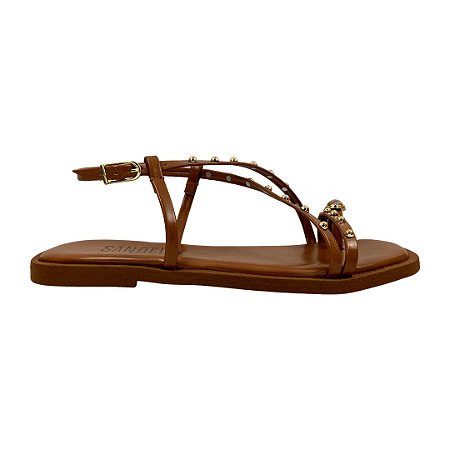 (M144) Sandália Rasteira Esferas Metalizadas Detalhe Pedraria Ambar