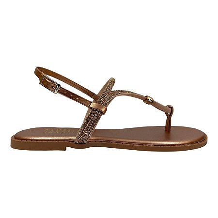 (F1701) Sandália Rasteira Tiras Strass Detalhe Metalizado Cobre