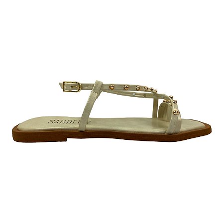 (M144) Sandália Rasteira Esferas Metalizadas Detalhe Pedraria Off White