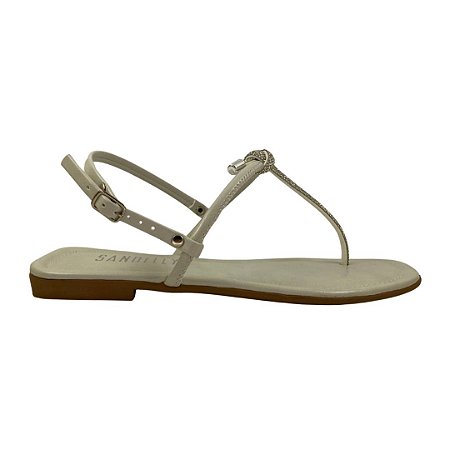 (671411454) Sandália Rasteira Com Tiras Finas Em Strass E Detalhe Em Enlace Off White