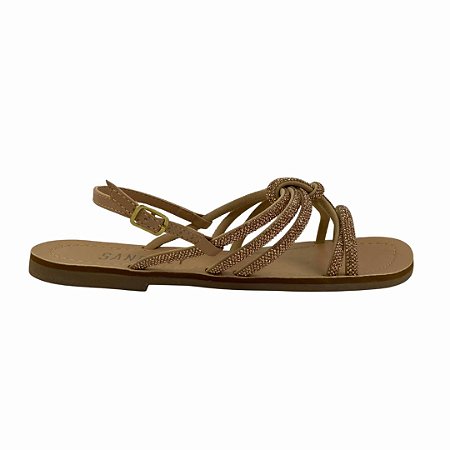 (Rr2419) Rasteira Com Tiras De Strass E Detalhe Em Enlace Marfim