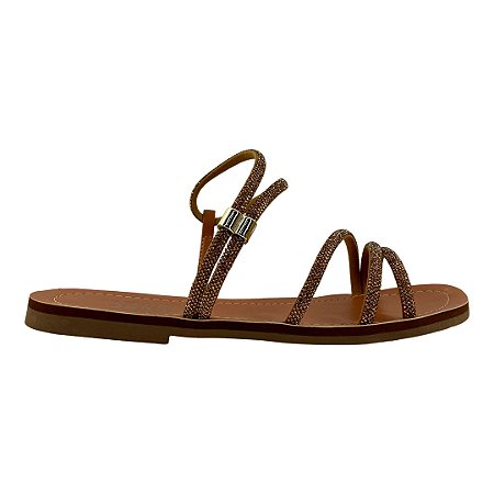 (Rr2406) Sandália Rasteira Tiras Strass  Whisky