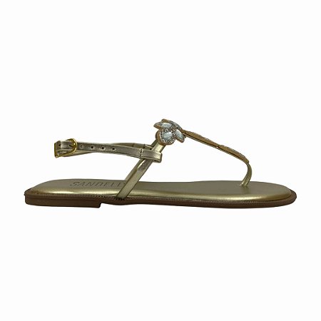 (V168) Sandália Rasteira Com Aplicação De Pedrarias Em Formato Floral Ouro