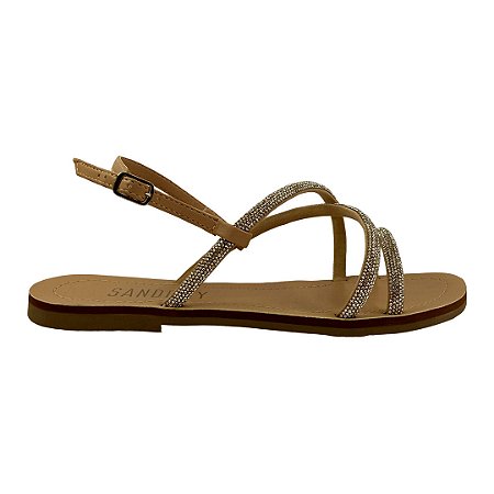 (Rr2449) Rasteira Strass Tiras Cruzadas  Marfim