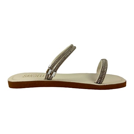 (Rv2467) Rasteira Tiras Strass Ajuste Metálico Off White