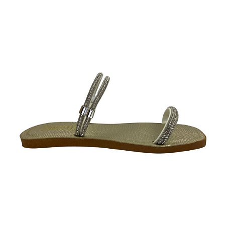 (Rv2467) Rasteira Tiras Strass Ajuste Metálico Ouro Light