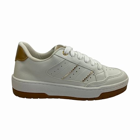 (26053Sd) Tênis Feminino Casual  Branco/Ouro Light