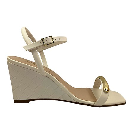 (6805-20603) Sandália Anabela Tiras Finas Detalhe Metálico Toscana Baunilha