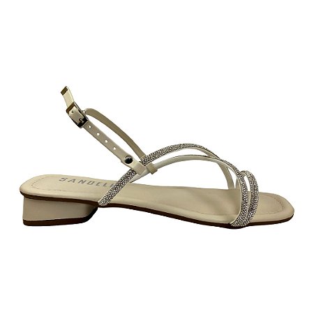 (4158Ae) Sandália Salto Baixo Tiras Cruzadas Strass Off White