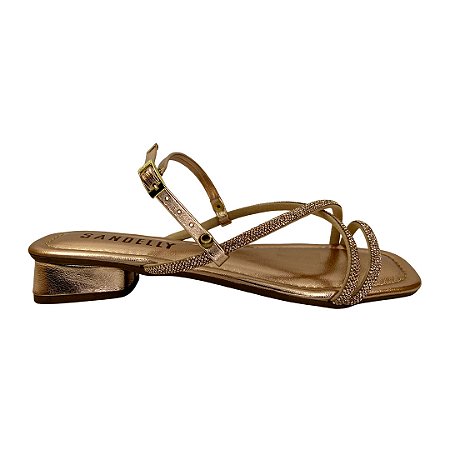 (4158Ae) Sandália Salto Baixo Tiras Cruzadas Strass Cobre