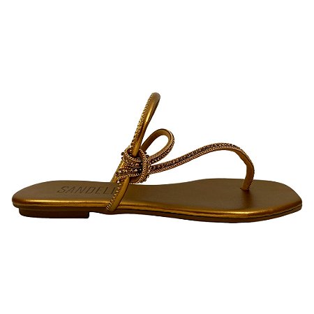 (Q73) Sandália Rasteira Tira Diagonal Detalhe Brilho Bronze