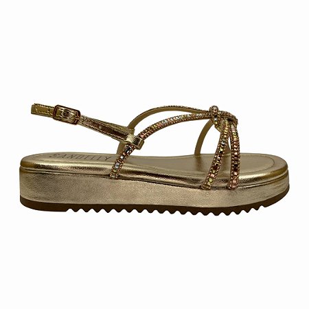 (368200-28) Flatform Com Tiras Em Strass E Fecho Em Fivela Metalizado/Ouro Light
