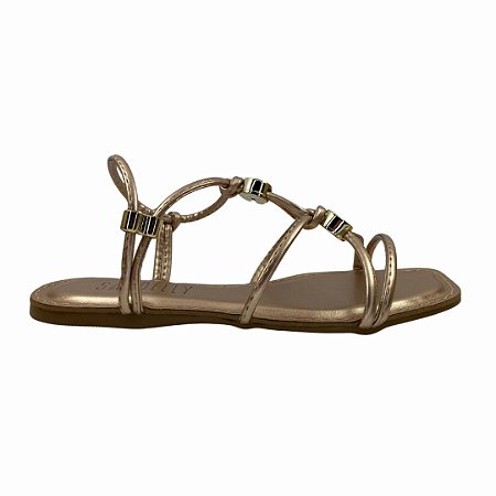 (1684Rq5) Sandália Rasteira Com Detalhes Dourados E Tiras Finas Cobre