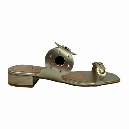 (1685St5) Tamanco Salto Baixo Com Aplicações Douradas E Tiras Vazadas Ouro Light