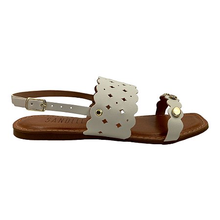 (1688Rq8) Sandália Rasteira Tira Vazada Detalhes Metálicos Off White
