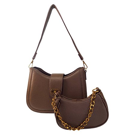 (Lk3010) Kit Bolsa Feminina 2 Peças Alça Transversal Ajustável Moderna Elegante Cafe