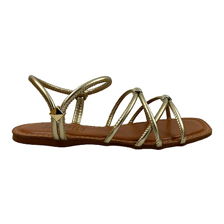 (1682Rq8) Rasteira Tiras Finas Detalhes Metalizados Ouro Light