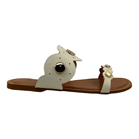 (1685Rrn8) Rasteira Tiras Geométricas Aplicações Metálicas Off White