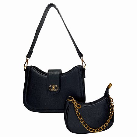 (Lk3010) Kit Bolsa Feminina 2 Peças Alça Transversal Ajustável Moderna Elegante Preto