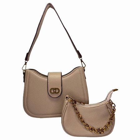 (Lk3010) Kit Bolsa Feminina 2 Peças Alça Transversal Ajustável Moderna Elegante Bege